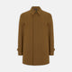 The Turnbull & Asser Dark Khaki Cotton Car Coat features a classic collar, long sleeves, front welt pockets, tailored fit, and concealed button closure in a knee-length modern design, shown against a plain white background.