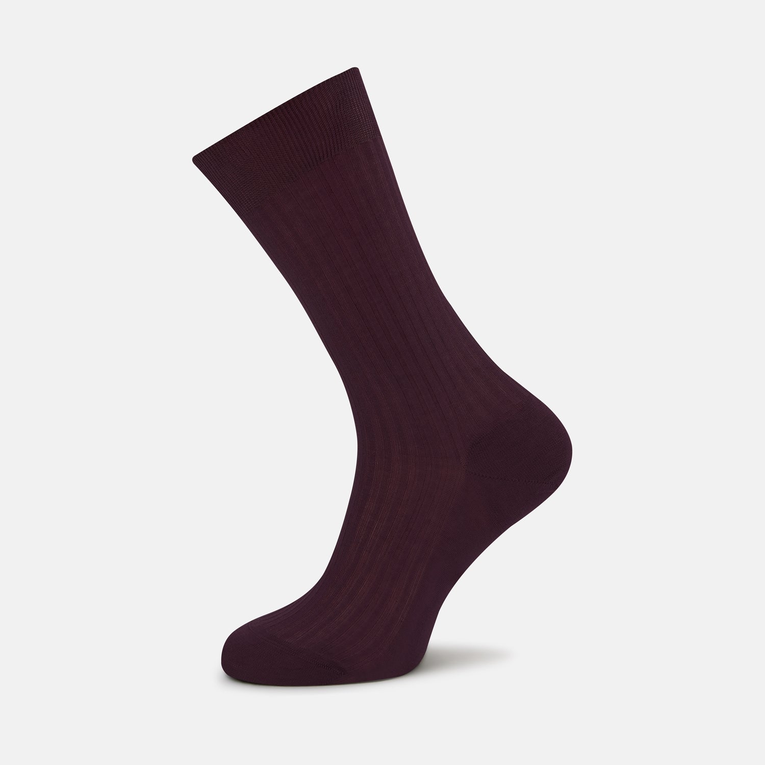 View 1 of product A single Burgundy Short Cotton Sock by Turnbull & Asser, featuring a ribbed texture and lustrous finish, is displayed upright against a plain white background.