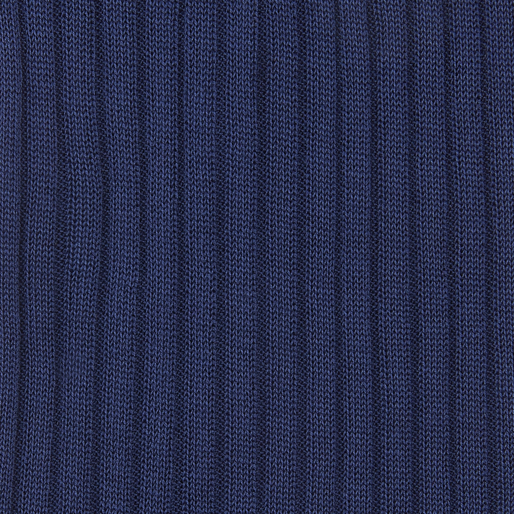 A single Ocean Blue Long Cotton Sock by Turnbull & Asser is shown on a white background, angled as if worn, highlighting its ribbed texture and elastic cuff at the top.