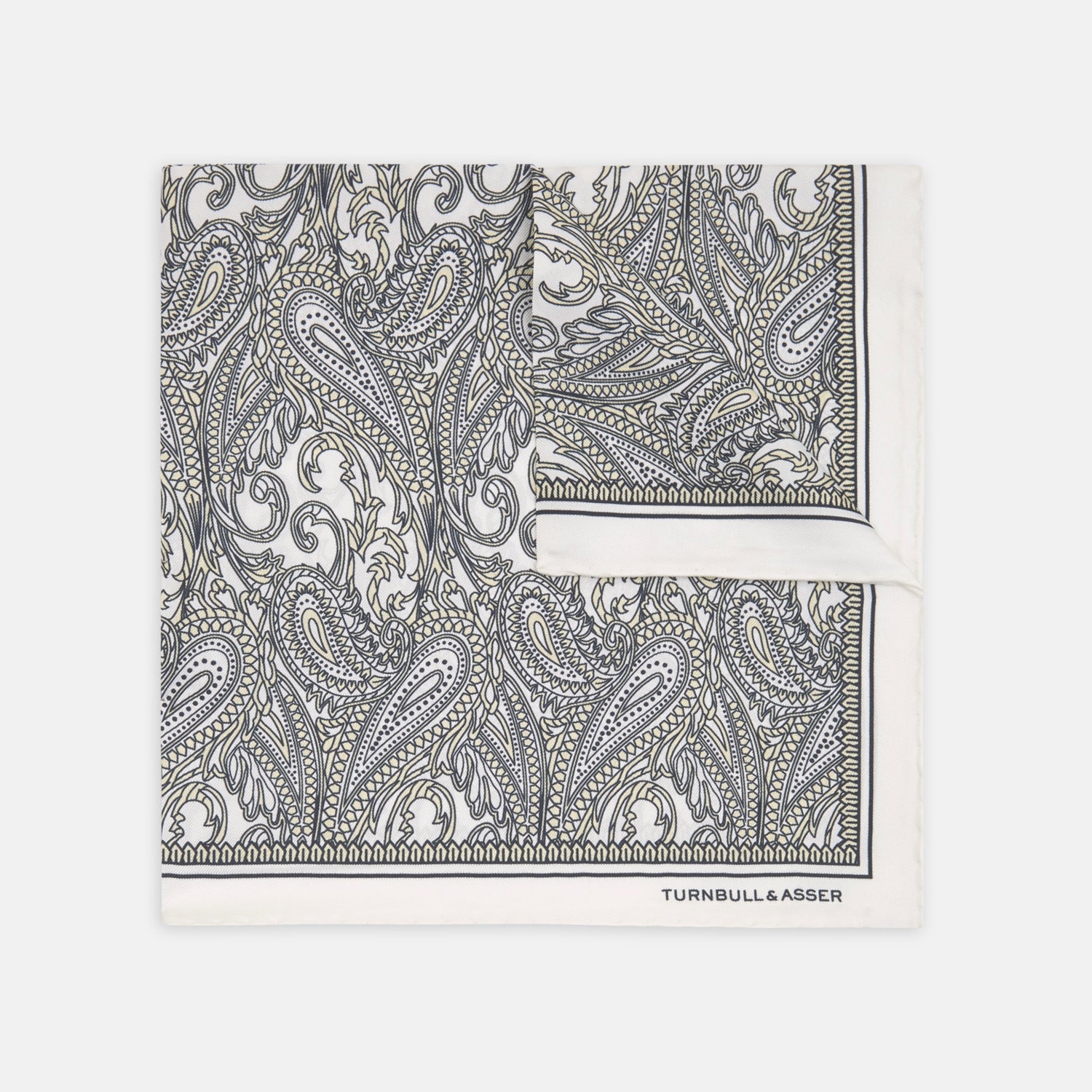 View 1 of product A White and Yellow House Paisley Silk Pocket Square by Turnbull & Asser, featuring an elegant house paisley pattern and the brand name printed in the bottom right corner.