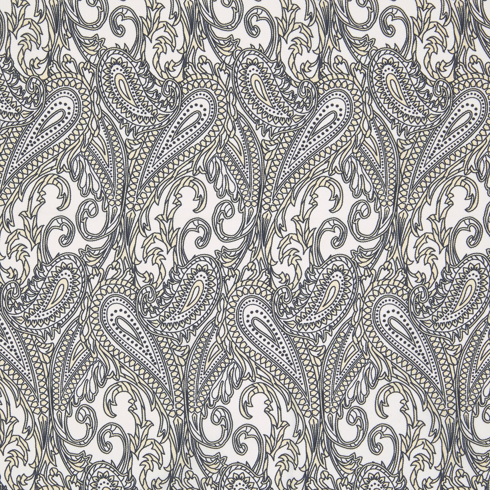 A White and Yellow House Paisley Silk Pocket Square by Turnbull & Asser, featuring an elegant house paisley pattern and the brand name printed in the bottom right corner.