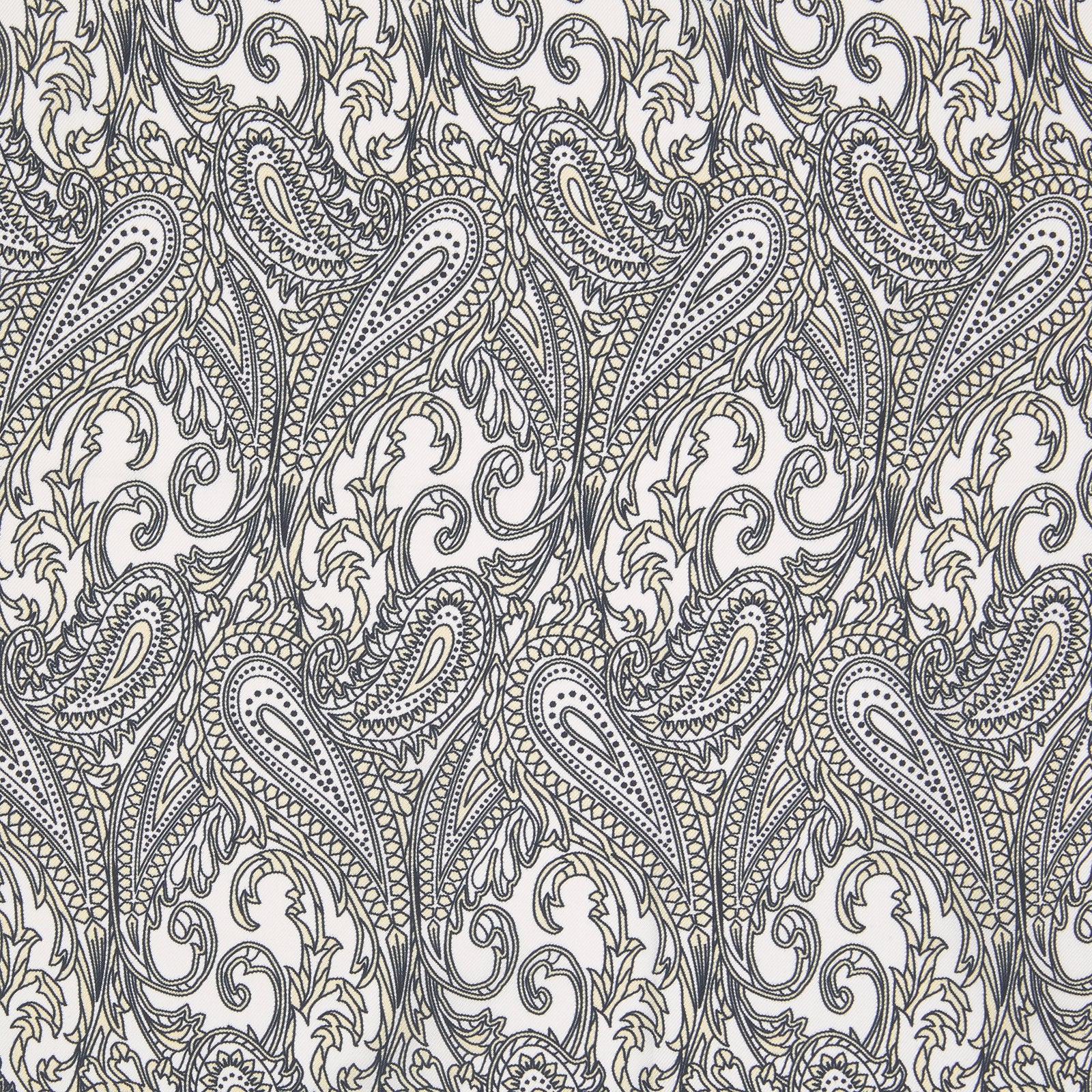 View 3 of product A White and Yellow House Paisley Silk Pocket Square by Turnbull & Asser, featuring an elegant house paisley pattern and the brand name printed in the bottom right corner.