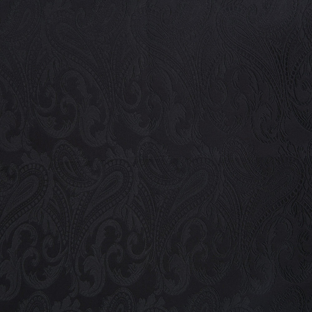 The Turnbull & Asser Black House Paisley Hand-Rolled Silk Pocket Square is elegantly folded to showcase both sides—a refined accessory, ideal for black tie attire.