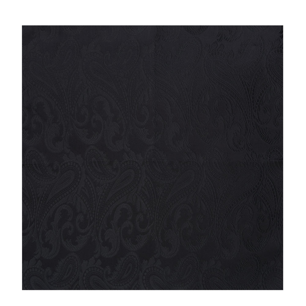 The Turnbull & Asser Black House Paisley Hand-Rolled Silk Pocket Square is elegantly folded to showcase both sides—a refined accessory, ideal for black tie attire.