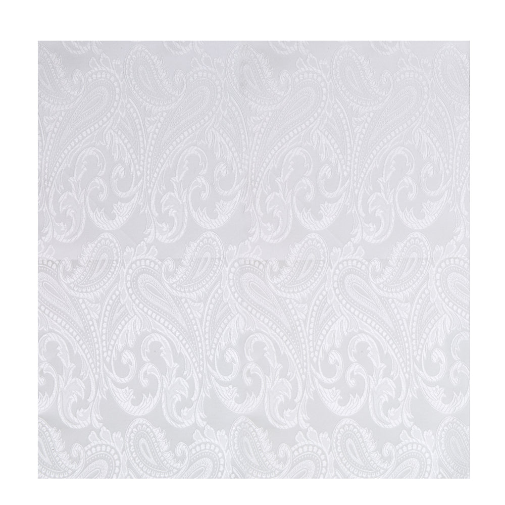The Turnbull & Asser White House Paisley Hand-Rolled Silk Pocket Square is shown neatly folded to reveal both sides of its white woven fabric, ideal for black tie, set against a light gray background.