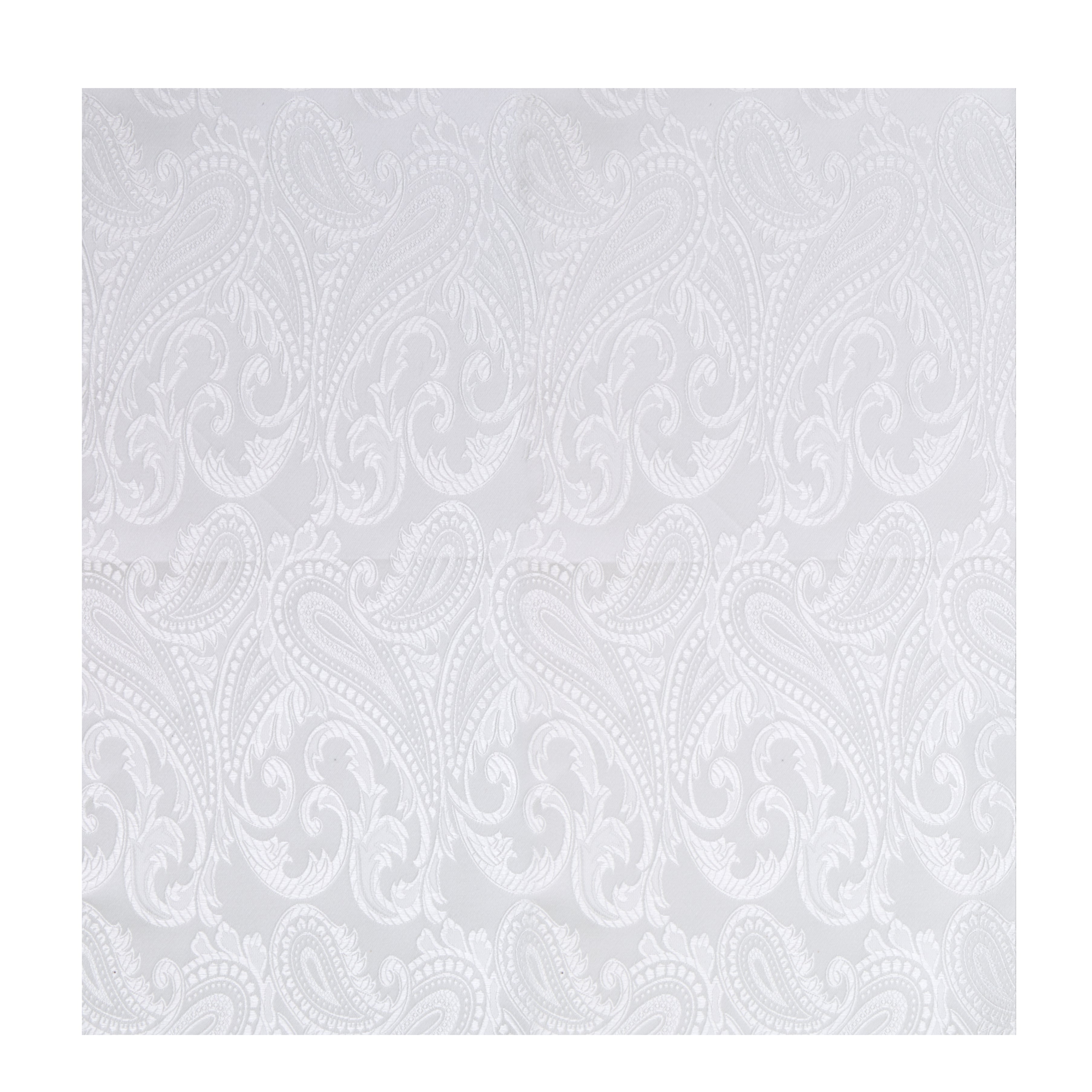 View 2 of product The Turnbull & Asser White House Paisley Hand-Rolled Silk Pocket Square is shown neatly folded to reveal both sides of its white woven fabric, ideal for black tie, set against a light gray background.