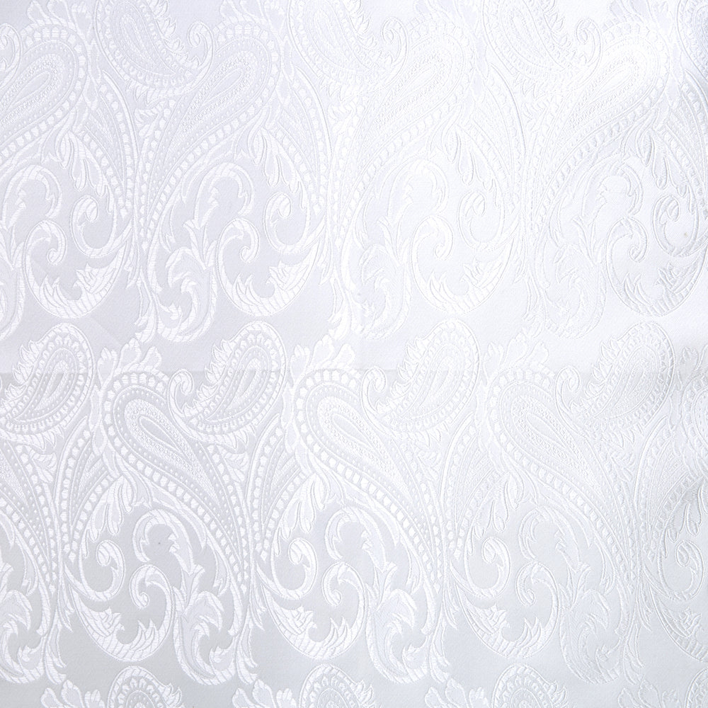 The Turnbull & Asser White House Paisley Hand-Rolled Silk Pocket Square is shown neatly folded to reveal both sides of its white woven fabric, ideal for black tie, set against a light gray background.