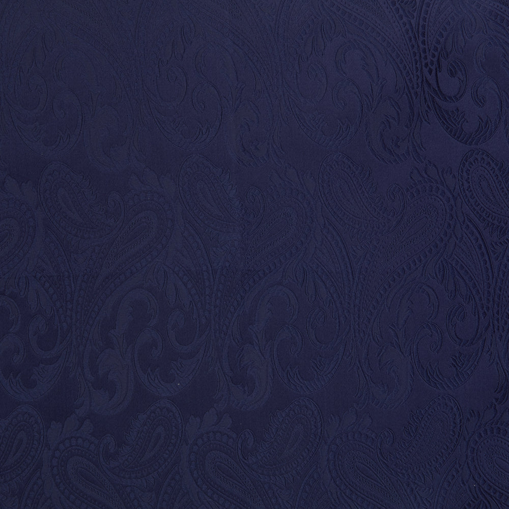 The Navy House Paisley Hand-Rolled Silk Pocket Square by Turnbull & Asser, shown folded to display its pattern against a white background, adds an elegant touch to black tie attire.