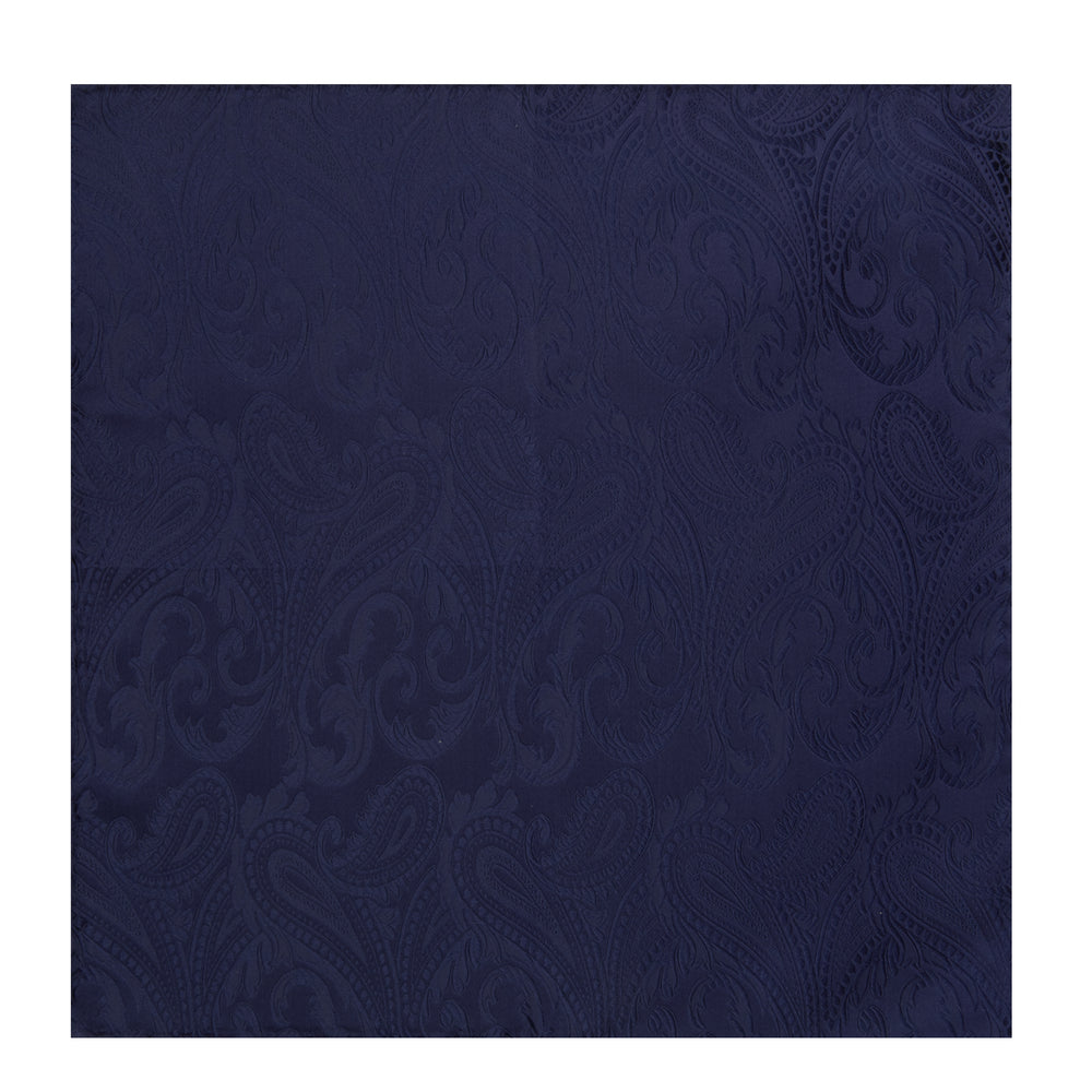 The Navy House Paisley Hand-Rolled Silk Pocket Square by Turnbull & Asser, shown folded to display its pattern against a white background, adds an elegant touch to black tie attire.