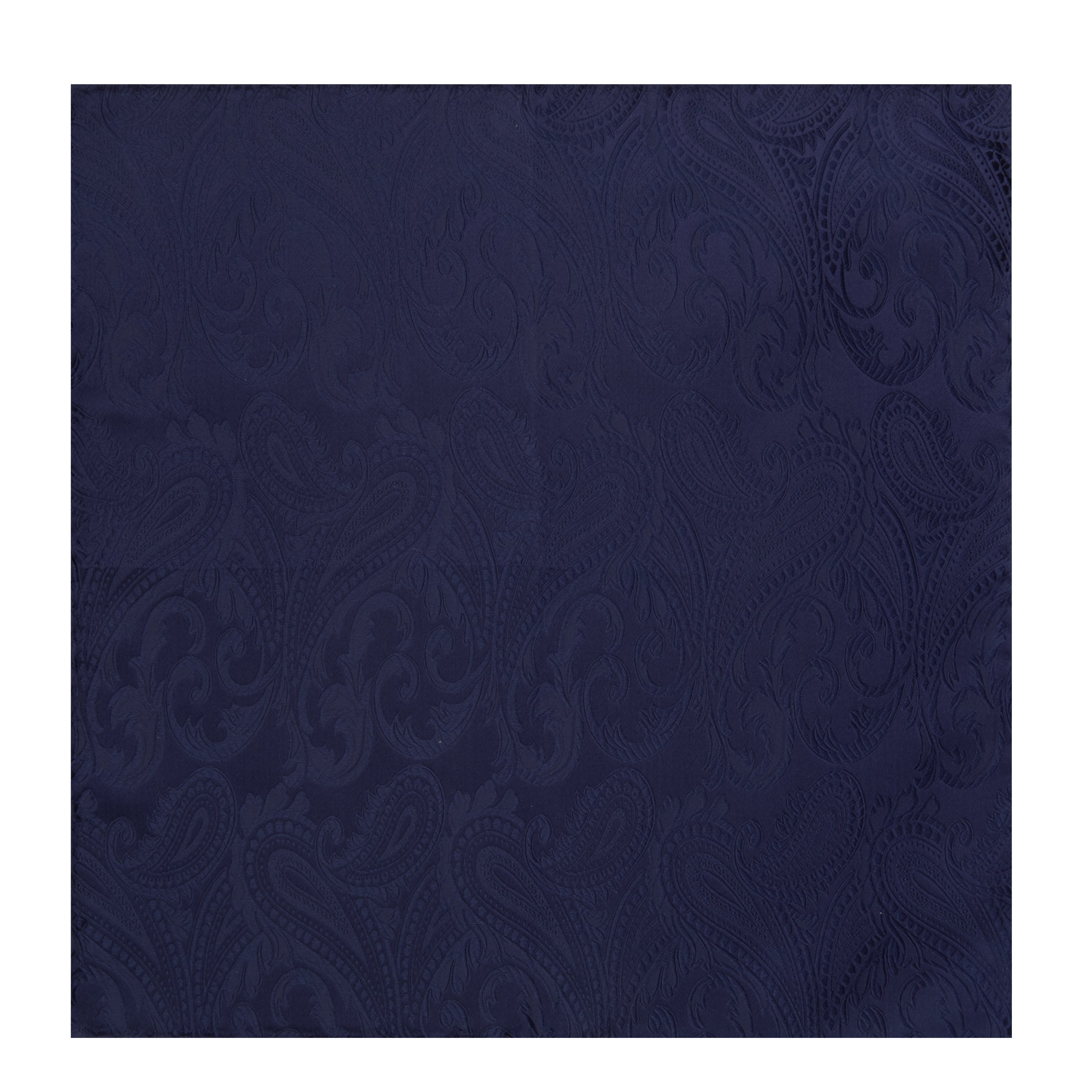 View 2 of product The Navy House Paisley Hand-Rolled Silk Pocket Square by Turnbull & Asser, shown folded to display its pattern against a white background, adds an elegant touch to black tie attire.