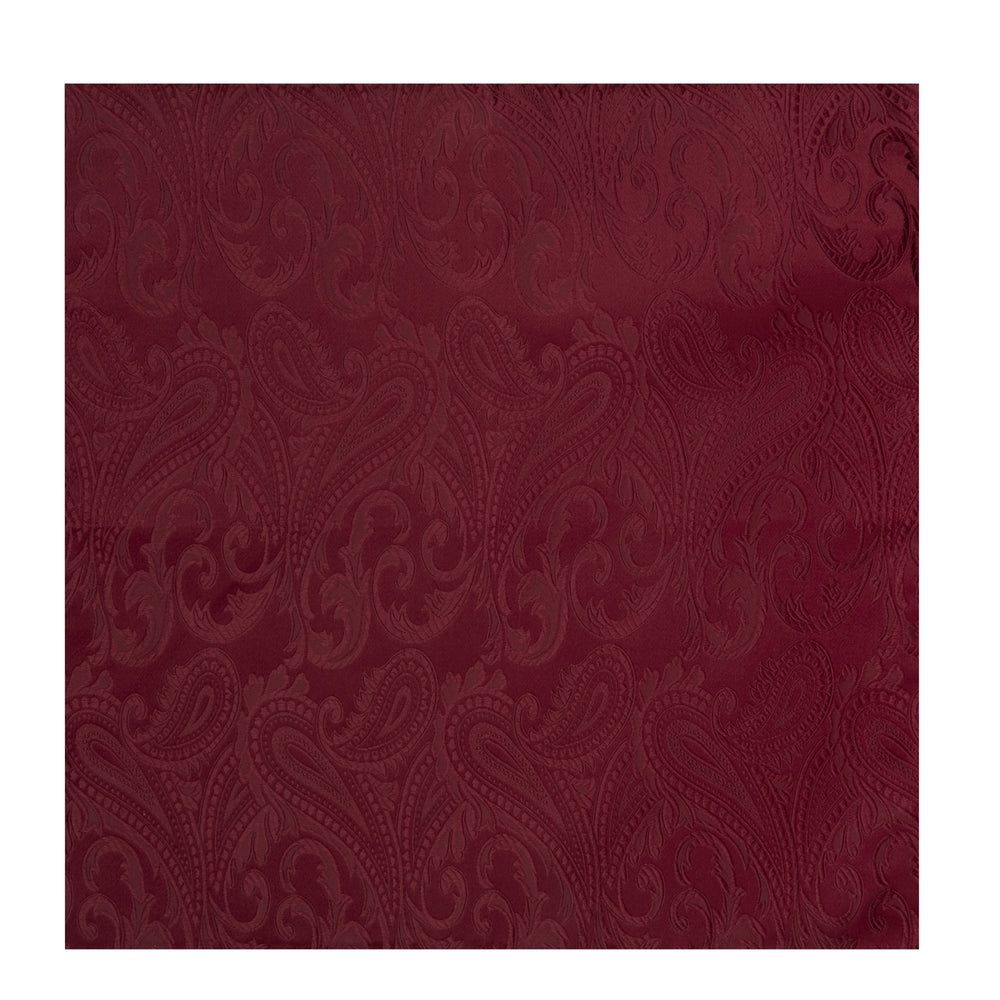 The Turnbull & Asser Burgundy House Paisley Hand-Rolled Silk Pocket Square features elegant paisley silk, expertly hand-rolled edges, and a classic fold—ideal for elevating black tie attire.