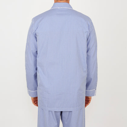 Mid Blue Gingham Check Piped Cotton Pyjama Set Image 2
