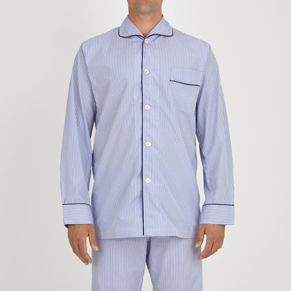 Blue Bengal Stripe Piped Cotton Pyjama Set Image 1