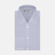 The Turnbull & Asser Blue Grid Check Shirt features a T&A collar, 3-button cuffs, and a refined blue and white grid pattern, displayed against a white background.