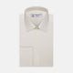 The Turnbull & Asser Cream Herringbone Superfine Cotton Shirt features a T&A collar, double cuffs, and a subtle pattern. It is neatly folded with white buttons and displayed on a plain white background.