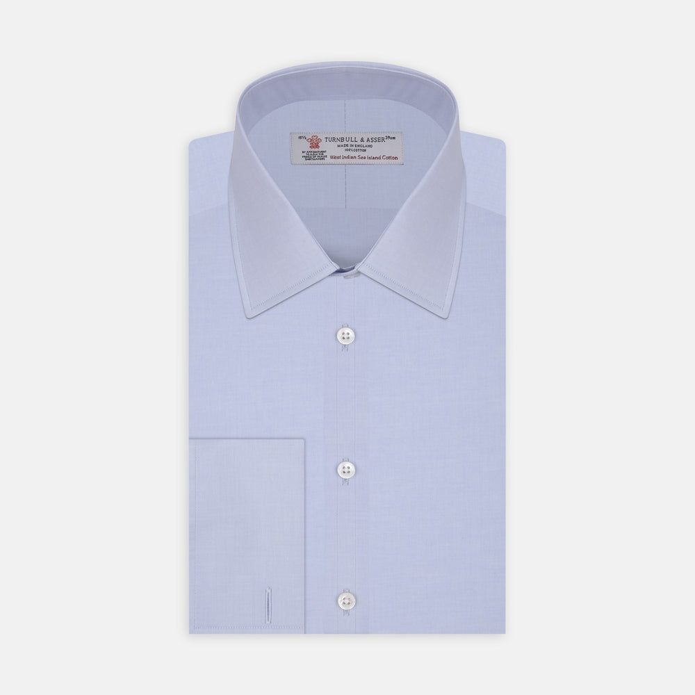 A circular swatch of Turnbull & Asser's Blue West Indian Sea Island Cotton Fabric with a smooth, finely woven texture is centered on a white background and outlined by thin gray and white borders.