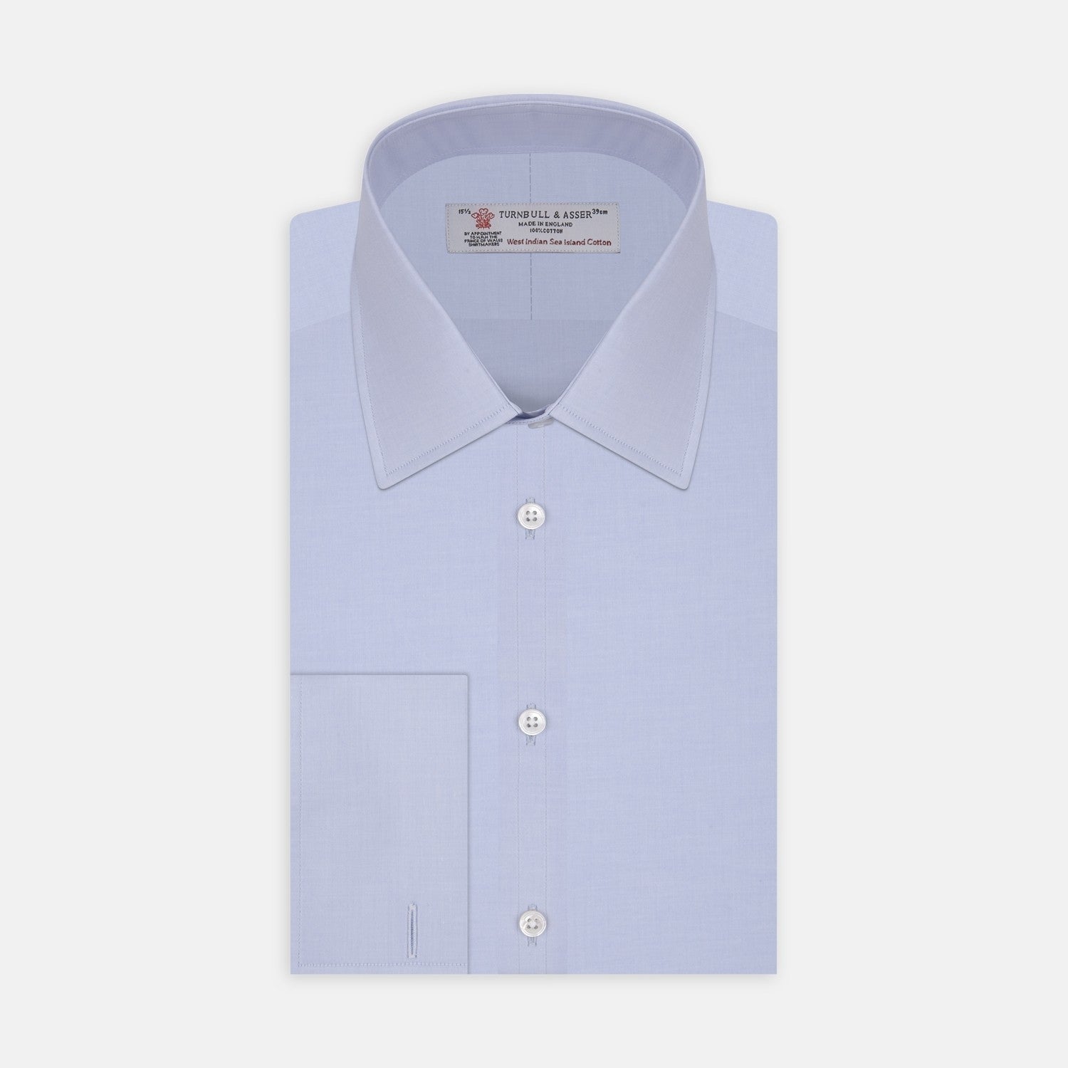 View 2 of product A circular swatch of Turnbull & Asser's Blue West Indian Sea Island Cotton Fabric with a smooth, finely woven texture is centered on a white background and outlined by thin gray and white borders.