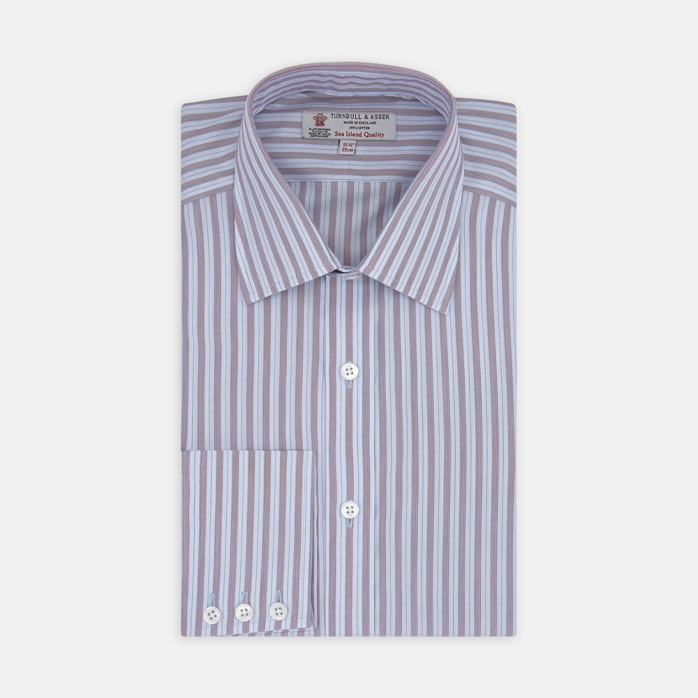 A neatly folded Turnbull & Asser Red and Blue Fine Multi Stripe Sea Island Quality Cotton Shirt with Classic T&A Collar and Button Cuffs is displayed on a plain white background—ideal for everyday wear.
