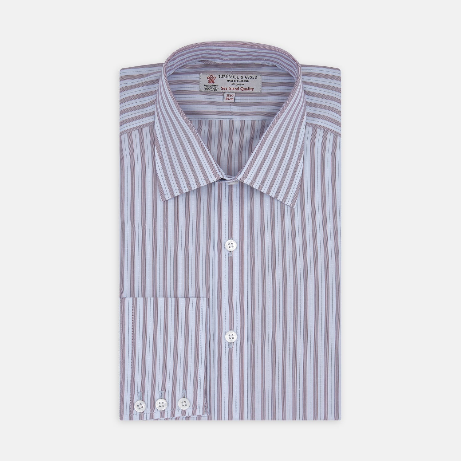 View 1 of product A neatly folded Turnbull & Asser Red and Blue Fine Multi Stripe Sea Island Quality Cotton Shirt with Classic T&A Collar and Button Cuffs is displayed on a plain white background—ideal for everyday wear.