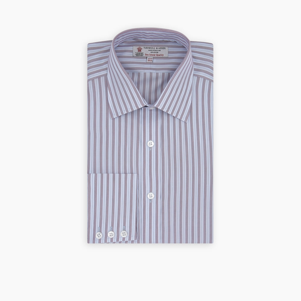 A neatly folded Turnbull & Asser Red and Blue Fine Multi Stripe Sea Island Quality Cotton Shirt with Classic T&A Collar and Button Cuffs is displayed on a plain white background—ideal for everyday wear.