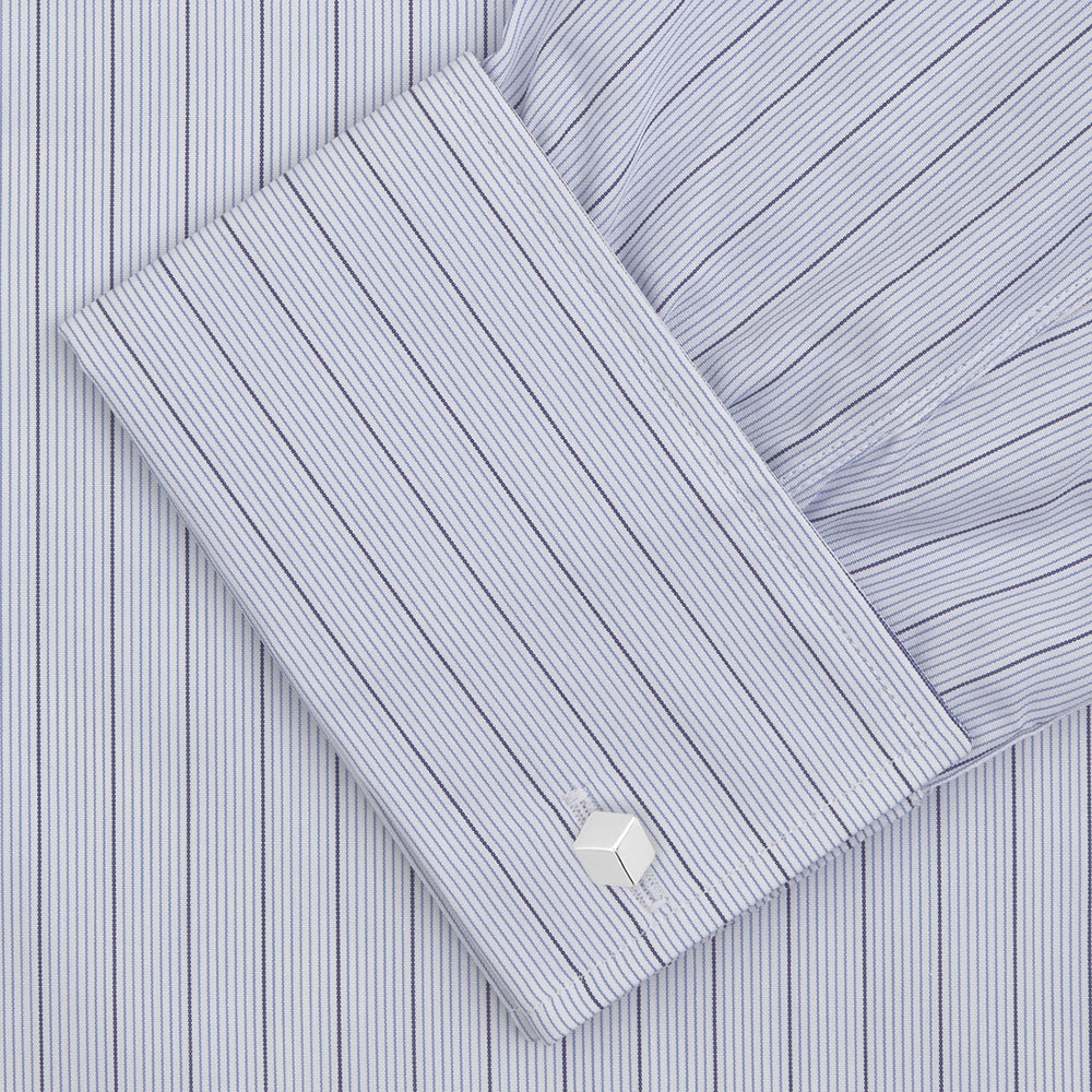 The Turnbull & Asser Blue Grouped Stripe Shirt features a T&A collar, double cuffs, and is displayed on a white background.