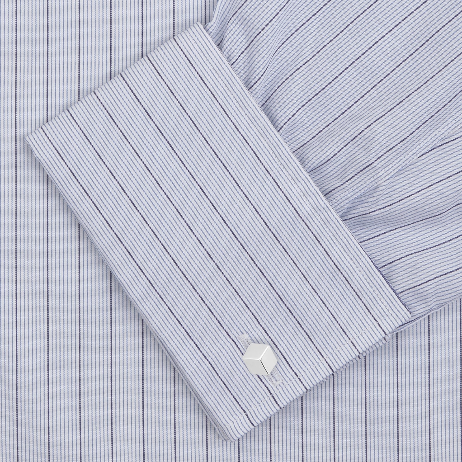 View 2 of product The Turnbull & Asser Blue Grouped Stripe Shirt features a T&A collar, double cuffs, and is displayed on a white background.