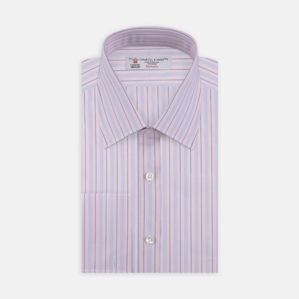 The Pink and Blue Mixed Stripe Shirt by Turnbull & Asser features a T&A collar, double cuffs, and white buttons—perfect for fans of colourful shirts—shown neatly folded against a plain white background.
