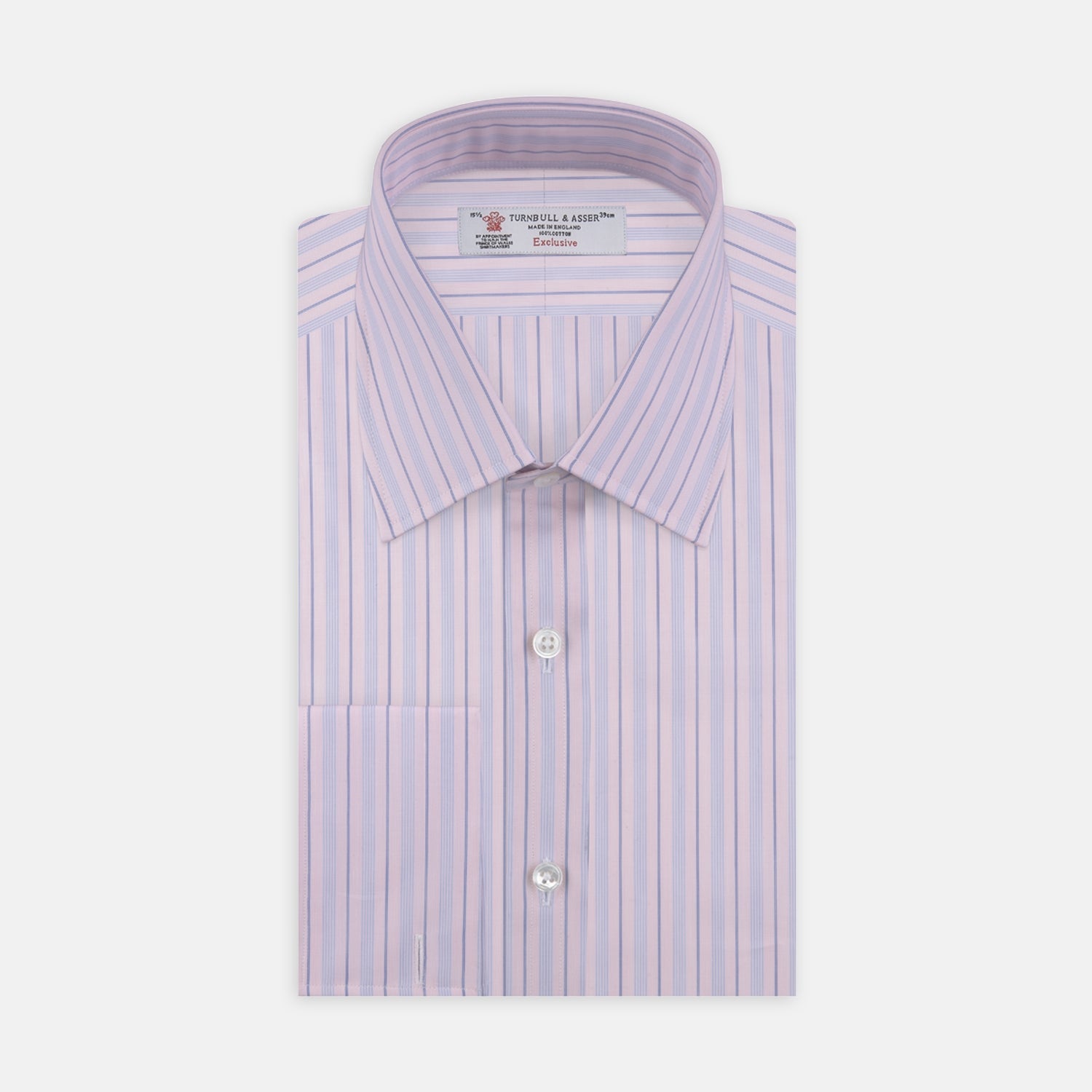 View 1 of product The Pink and Blue Mixed Stripe Shirt by Turnbull & Asser features a T&A collar, double cuffs, and white buttons—perfect for fans of colourful shirts—shown neatly folded against a plain white background.