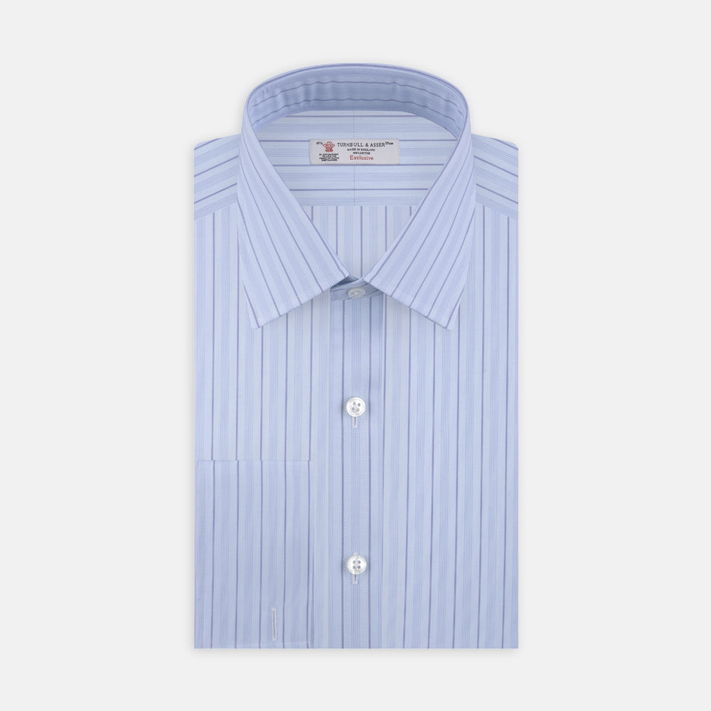 The Turnbull & Asser Blue Mixed Stripe Shirt with T&A Collar and Double Cuffs, ideal for striped shirt enthusiasts, is neatly folded and displayed against a plain white background.