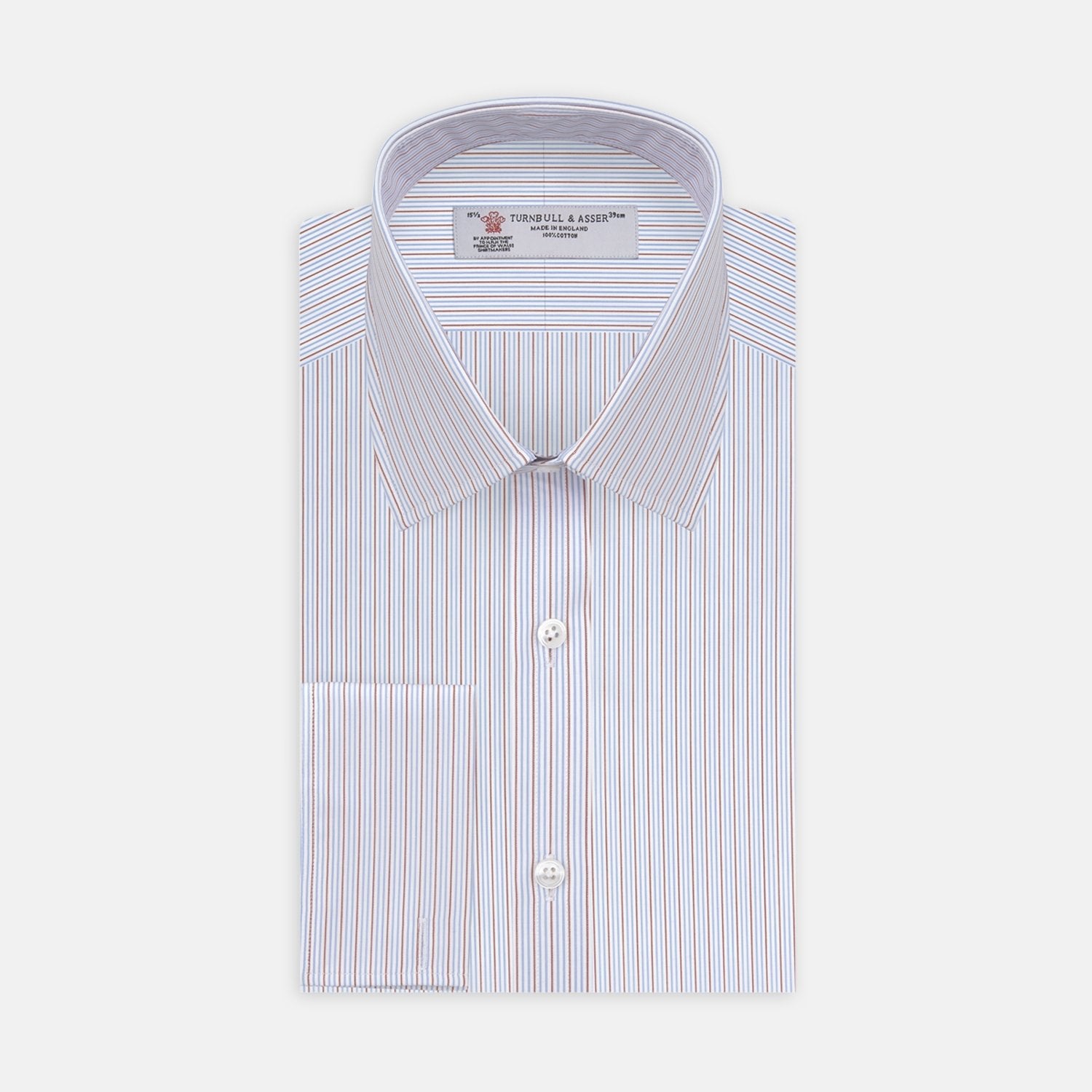 View 2 of product A close-up of Turnbull & Asser's Red and Navy Supraluxe Stripe Fabric, showing vertical blue, white, and red stripes within a circular frame on a plain light background.