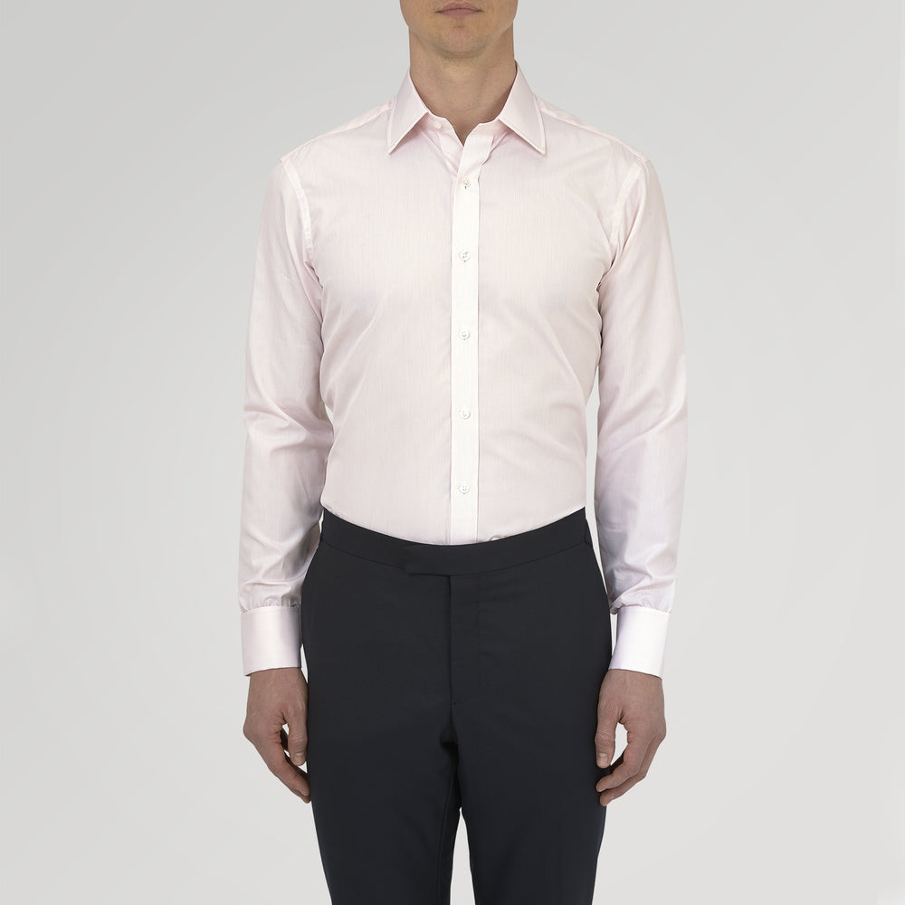 The Turnbull & Asser Pink Hairline Stripe Cotton Shirt features a T&A collar, double cuffs, neat vertical stripes, white buttons, and a chest pocket—perfect for the office. Shown neatly folded on a plain white background.