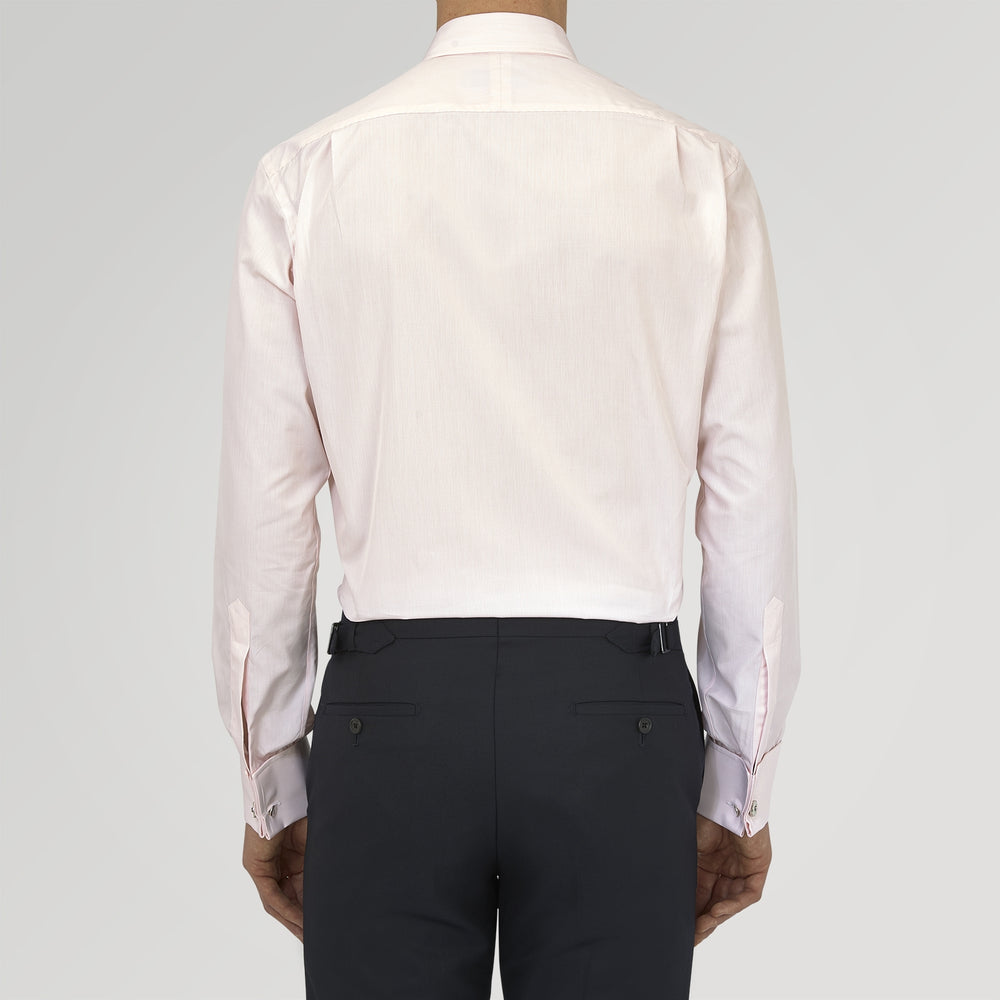 The Turnbull & Asser Pink Hairline Stripe Cotton Shirt features a T&A collar, double cuffs, neat vertical stripes, white buttons, and a chest pocket—perfect for the office. Shown neatly folded on a plain white background.