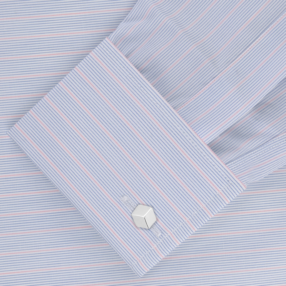 A Turnbull & Asser Blue and Pink Grouped Stripe Shirt with T&A collar and double cuffs is laid flat on a white background.