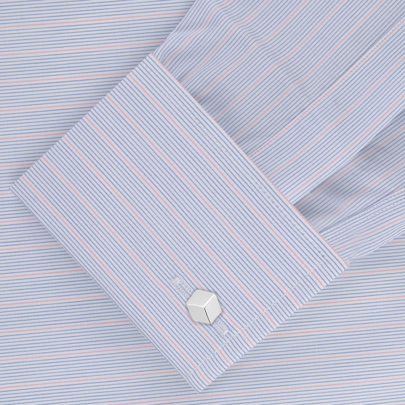 View 2 of product A Turnbull & Asser Blue and Pink Grouped Stripe Shirt with T&A collar and double cuffs is laid flat on a white background.