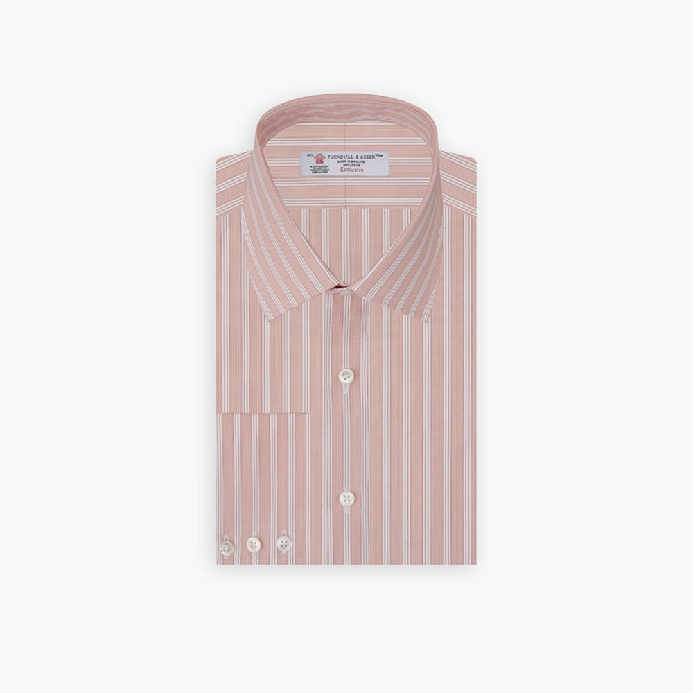 The Turnbull & Asser Pink and White Bold Stripe Shirt features a T&A collar, long sleeves, 3-button cuffs, and striking vertical stripes. The shirt is displayed folded with white buttons against a white background.