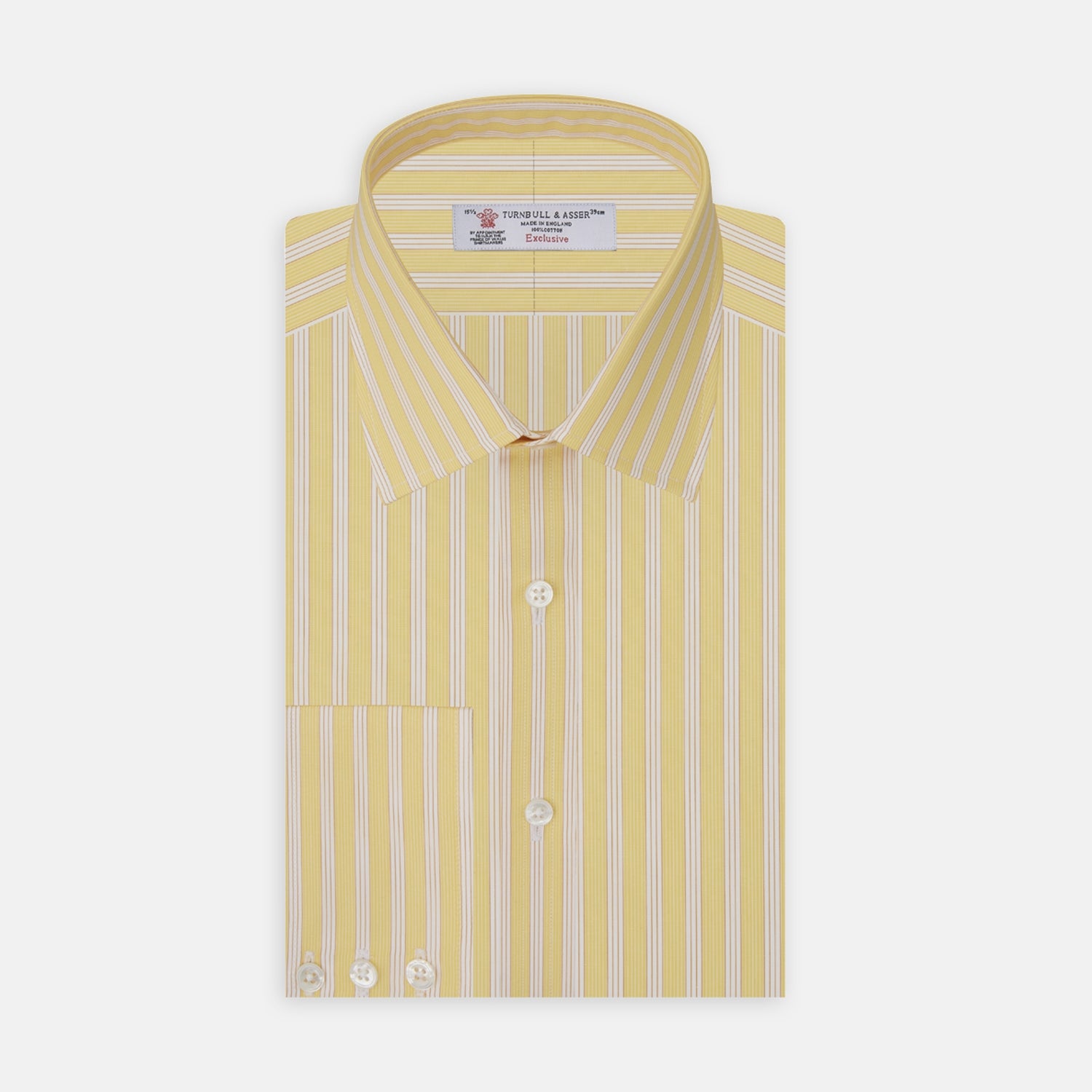 View 1 of product The Turnbull & Asser Yellow and White Bold Stripe Shirt features a T&A collar, 3-button cuffs, and white buttons. Displayed neatly folded on a plain white background, this long-sleeve shirt is perfect for office wear.