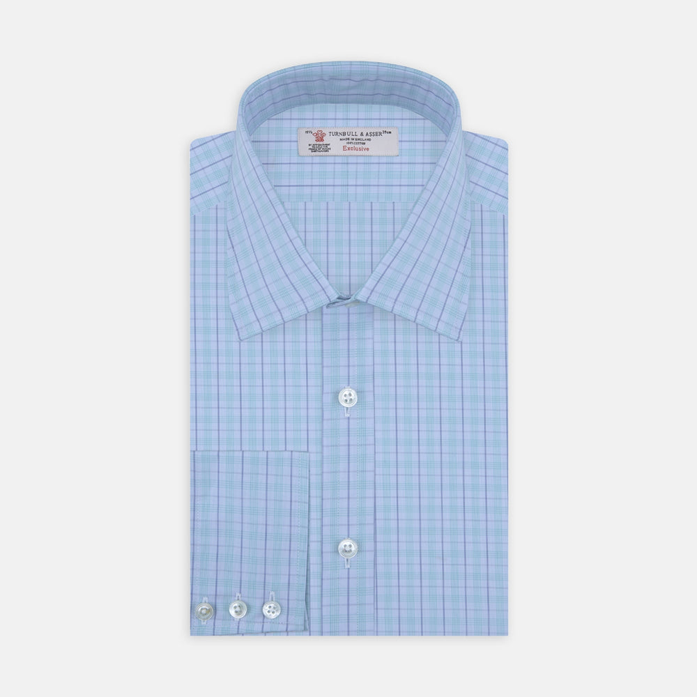 The Turnbull & Asser Green and Blue Windowpane Check Shirt features a T&A collar, 3-button cuffs, and a stylish check pattern, displayed neatly folded against a white background.