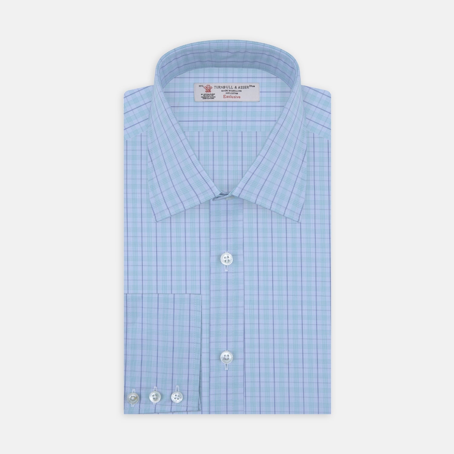 View 1 of product The Turnbull & Asser Green and Blue Windowpane Check Shirt features a T&A collar, 3-button cuffs, and a stylish check pattern, displayed neatly folded against a white background.