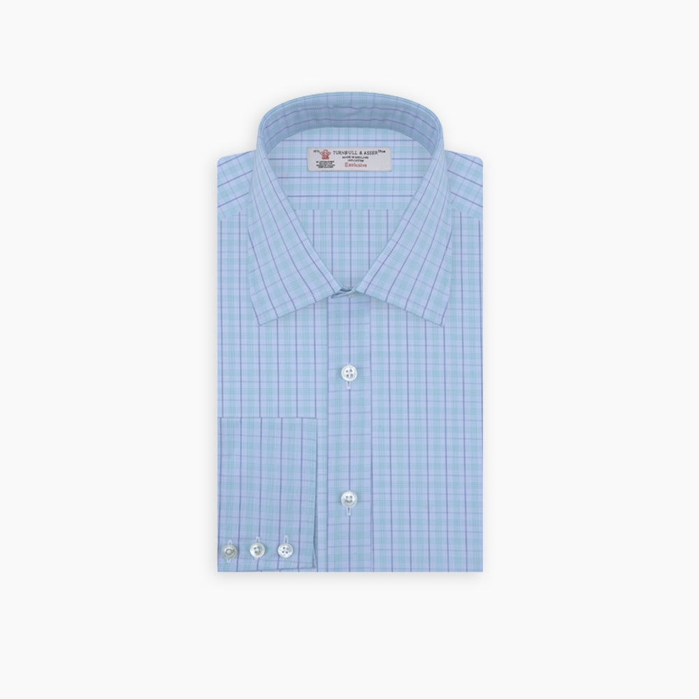 The Turnbull & Asser Green and Blue Windowpane Check Shirt features a T&A collar, 3-button cuffs, and a stylish check pattern, displayed neatly folded against a white background.