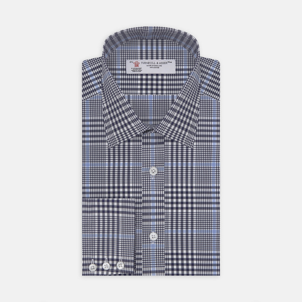 The Turnbull & Asser Navy and Light Blue Archive Check Shirt features a T&A collar, 3-button cuffs, and a classic check pattern—an elegant example of refined shirtmaking.