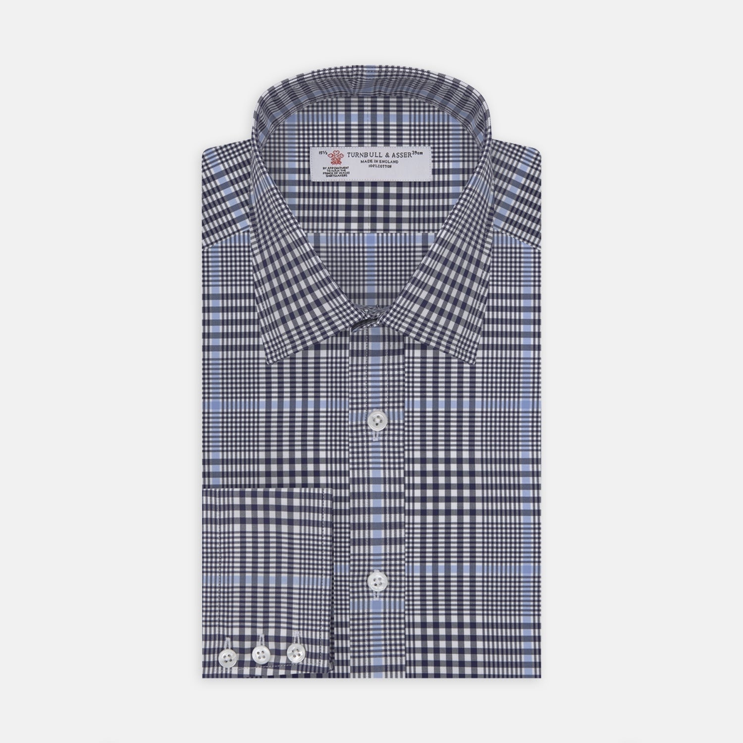 View 1 of product The Turnbull & Asser Navy and Light Blue Archive Check Shirt features a T&A collar, 3-button cuffs, and a classic check pattern—an elegant example of refined shirtmaking.