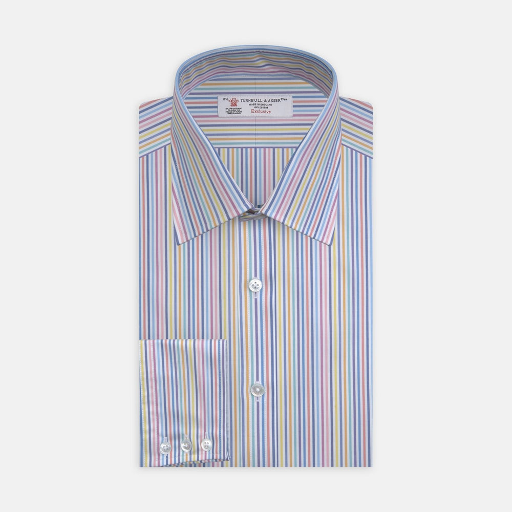 The Multicoloured Graph Stripe Cotton Fabric by Turnbull & Asser features vertical pastel stripes in blue, purple, pink, yellow, and orange with a soft texture on a white background.