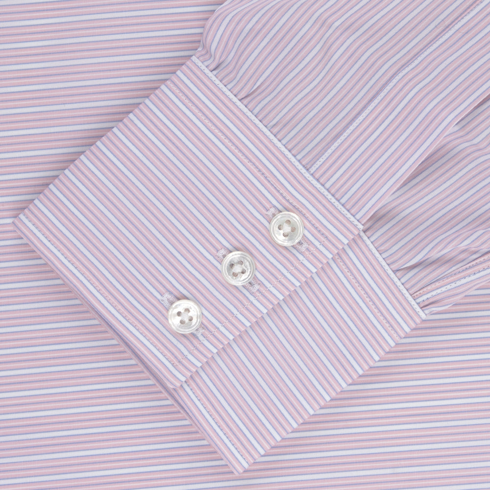 The Pink Rich Stripe Shirt by Turnbull & Asser features a T&A collar, 3-button cuffs, and soft Portland cloth with faint vertical stripes—luxuriously crafted and shown on a white background.