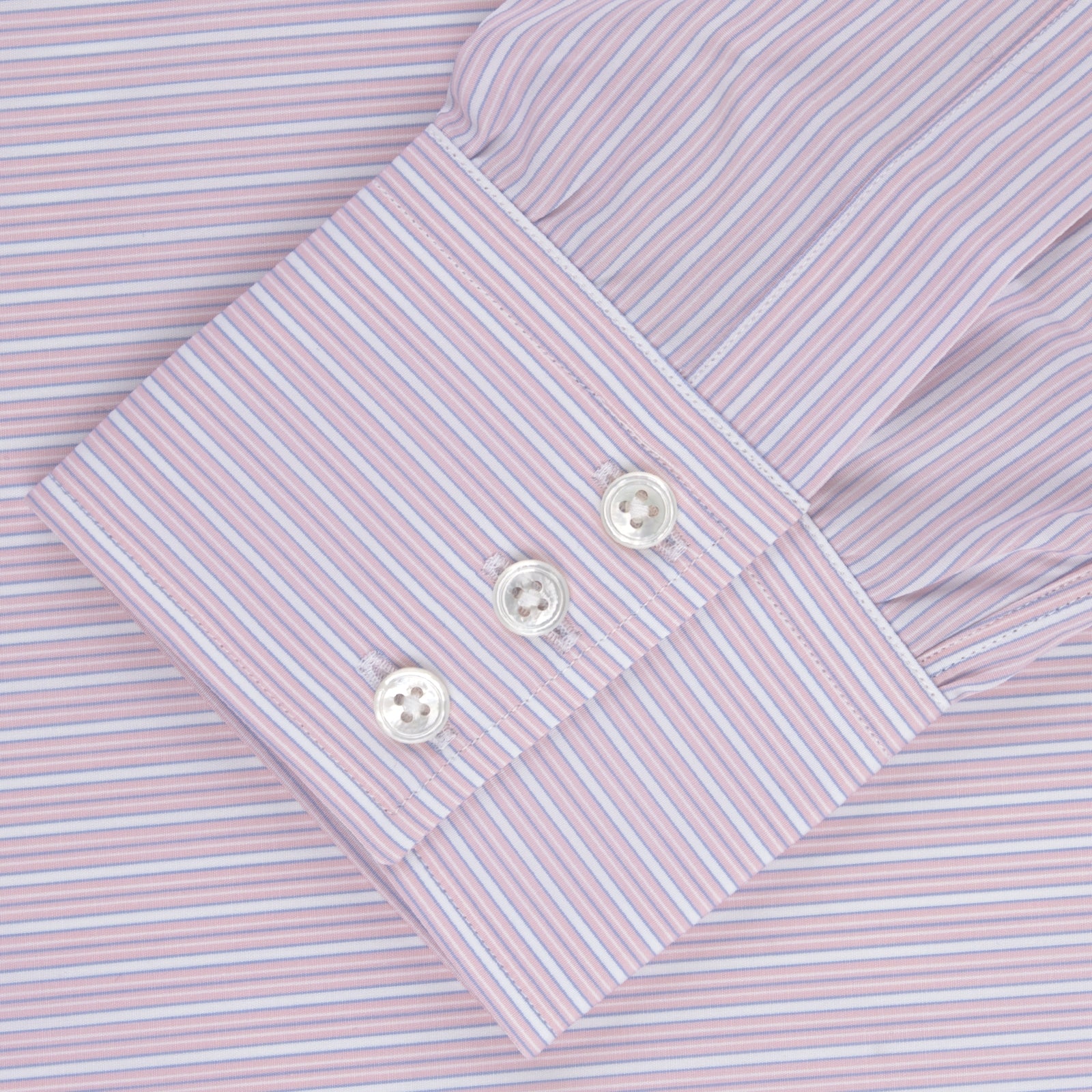 View 2 of product The Pink Rich Stripe Shirt by Turnbull & Asser features a T&A collar, 3-button cuffs, and soft Portland cloth with faint vertical stripes—luxuriously crafted and shown on a white background.