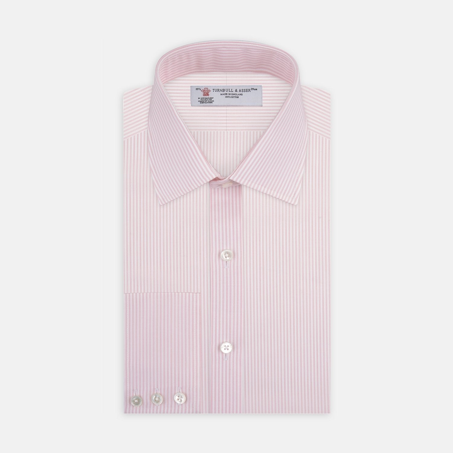 View 2 of product Close-up of Turnbull & Asser Pink and White Stripe Cotton Fabric, featuring textured vertical stripes, displayed in a circular frame on a white background.