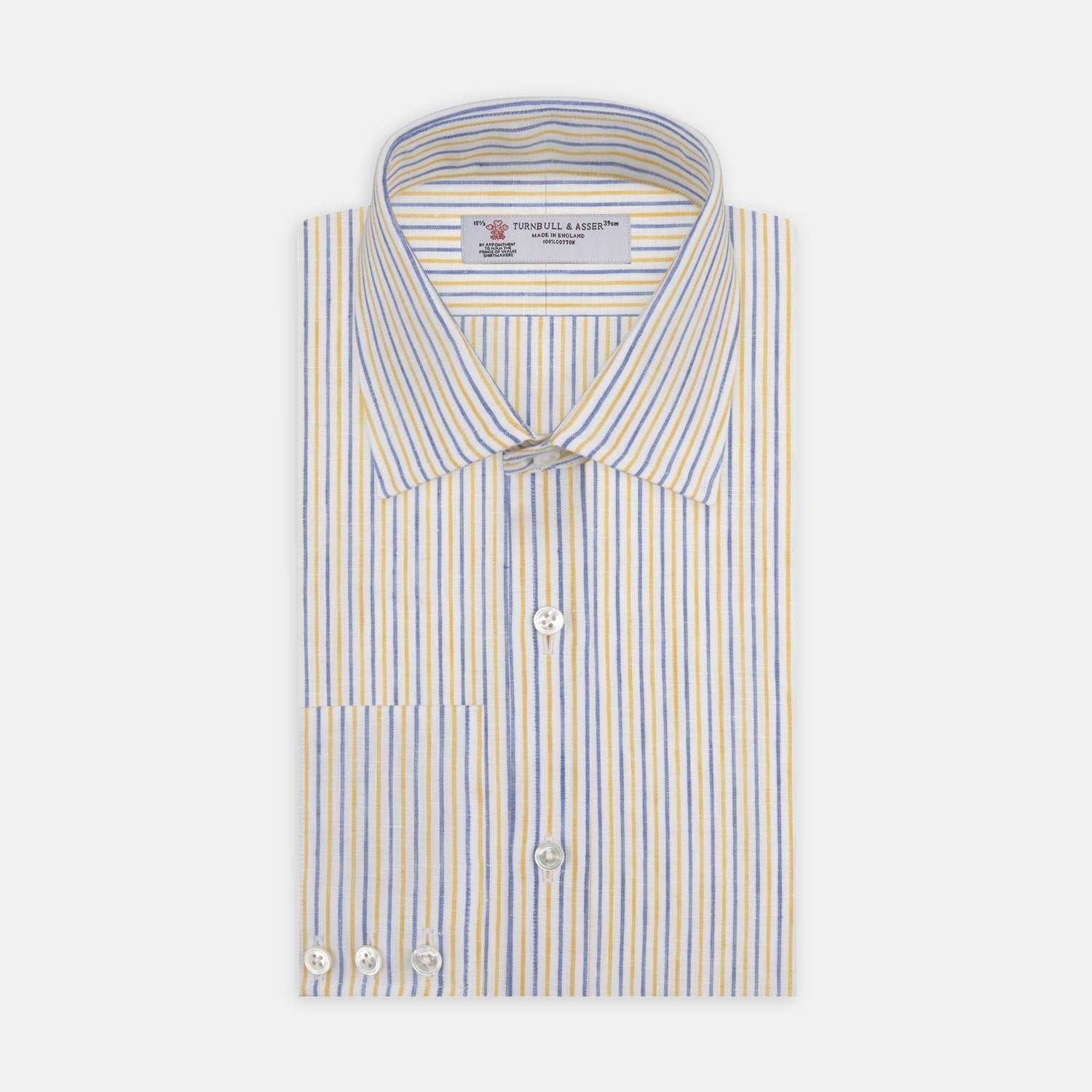 View 2 of product Close-up of Turnbull & Asser's Yellow and Blue Ticking Stripe Linen Fabric, featuring alternating vertical blue and yellow stripes on a white background within a circular frame.