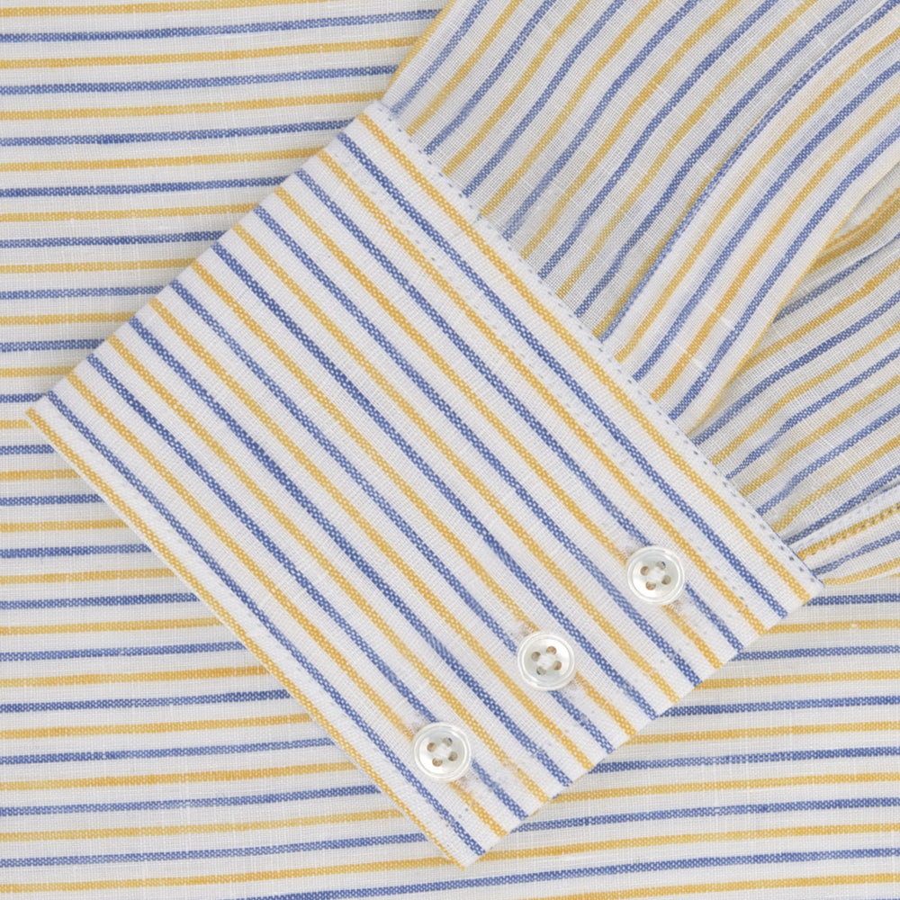 Turnbull & Asser's Yellow and Blue Ticking Stripe Linen Shirt features a POW collar and 3-button cuffs, displayed on a plain light gray background.