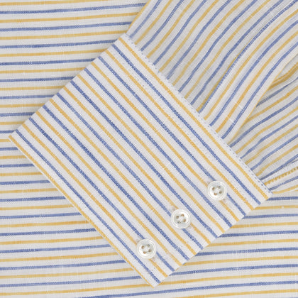 Yellow and Blue Ticking Stripe Linen Shirt with POW Collar and 3-Button Cuffs Image 1