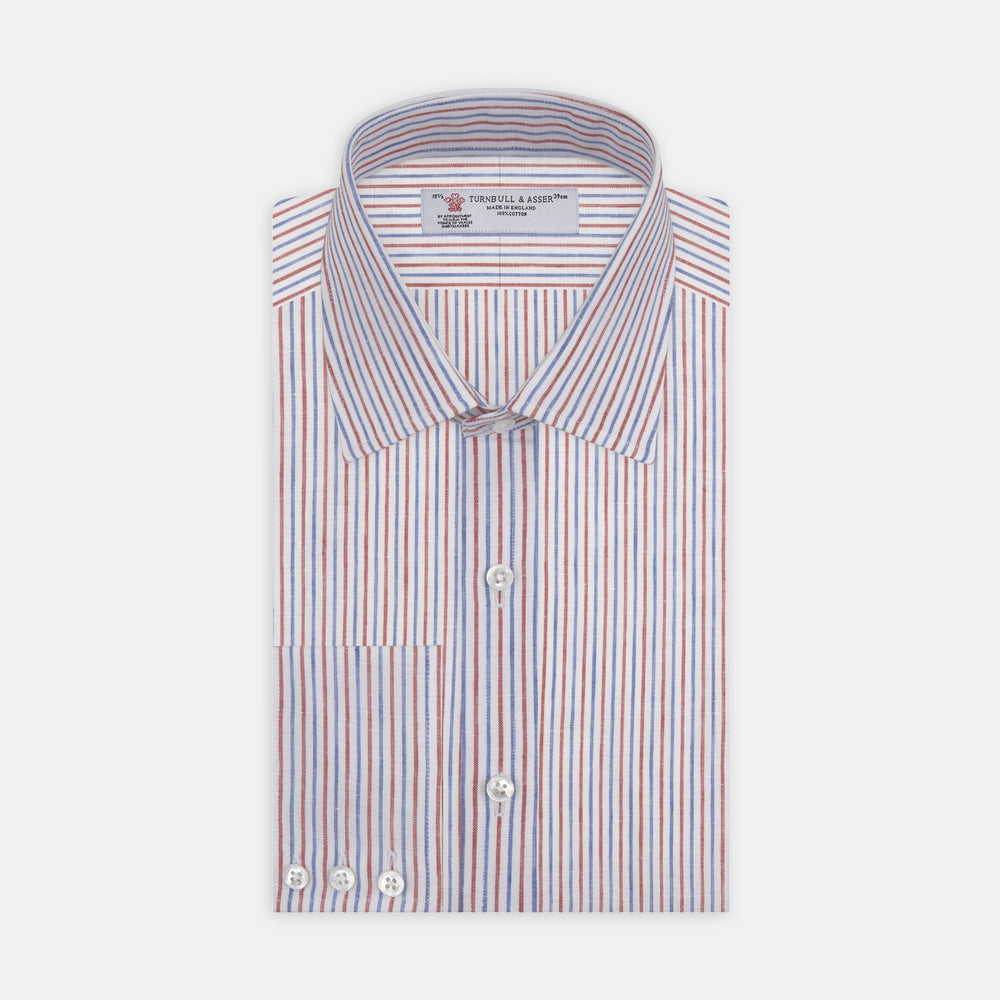 The Turnbull & Asser Red and Blue Ticking Stripe Linen Shirt features a POW collar, 3-button cuffs, white buttons, and a visible brand label inside the collar for timeless style.