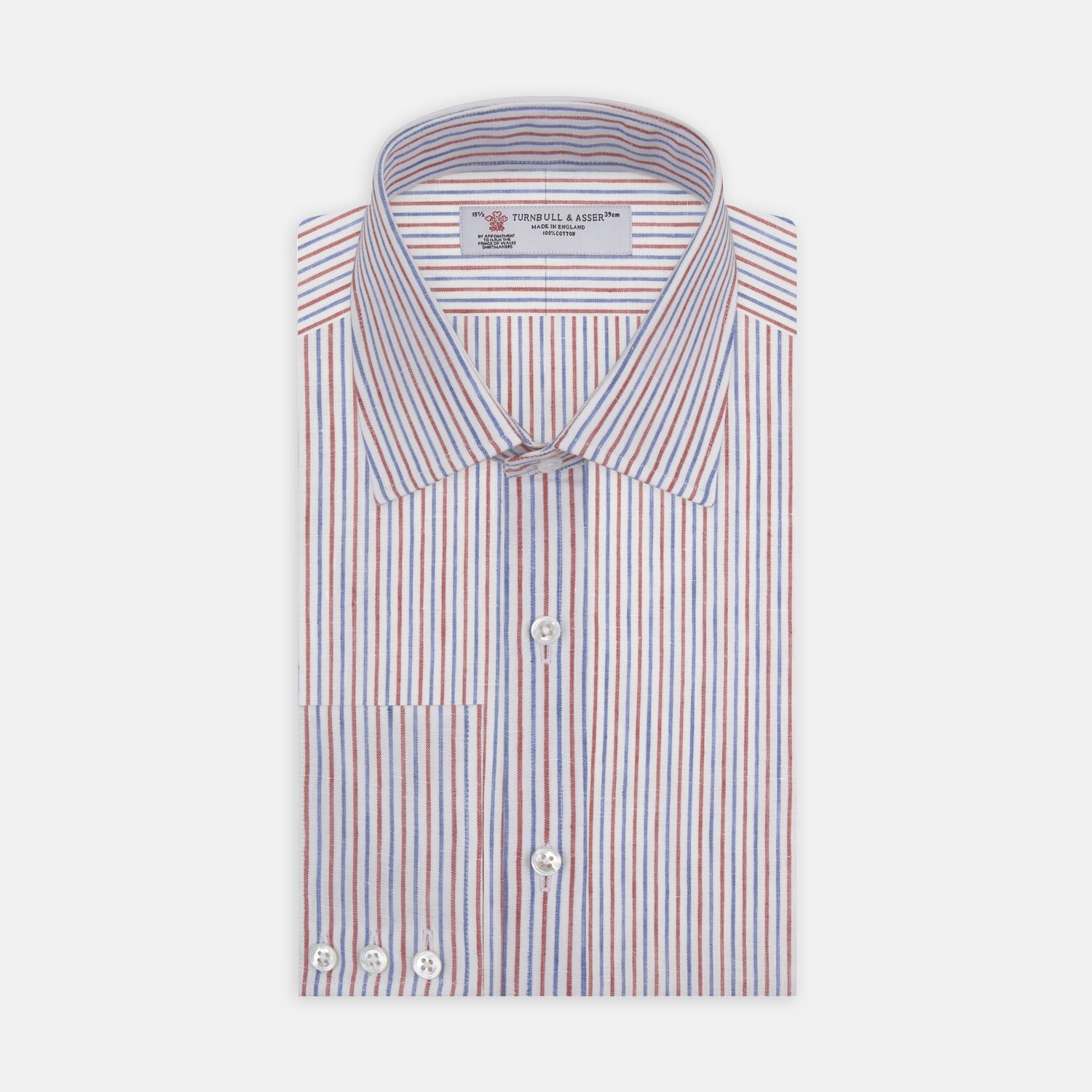 View 1 of product The Turnbull & Asser Red and Blue Ticking Stripe Linen Shirt features a POW collar, 3-button cuffs, white buttons, and a visible brand label inside the collar for timeless style.